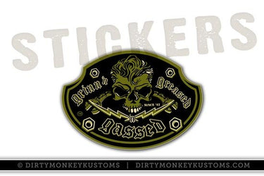 "Grinn'n Greased 'n Gassed" Skull - Sticker - Dirty Monkey Kustoms CDN GearHead Apparel - Canada
