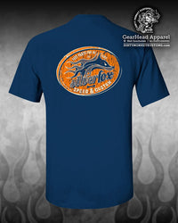 "Silver Fox" Speed & Custom t shirt. Blue / Retro Orange - Dirty Monkey Kustoms CDN GearHead Apparel - Canada