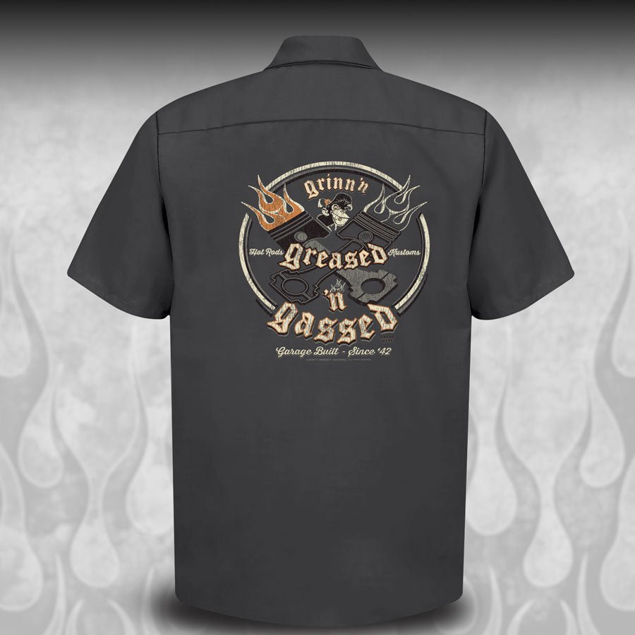 "Crossed Pistons" Kustom Hot Rod mechanic shirt - Dirty Monkey Kustoms Canadian GearHead Shirts & Apparel - Canada