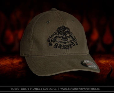 GGG Rockabilly Skull - Olive color Flex Fit hat - Dirty Monkey Kustoms CDN GearHead Apparel - Canada