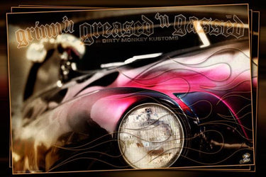 Kustom "Flamed Merc" original Hot Rod photo garage banner - Dirty Monkey Kustoms CDN GearHead Apparel - Canada