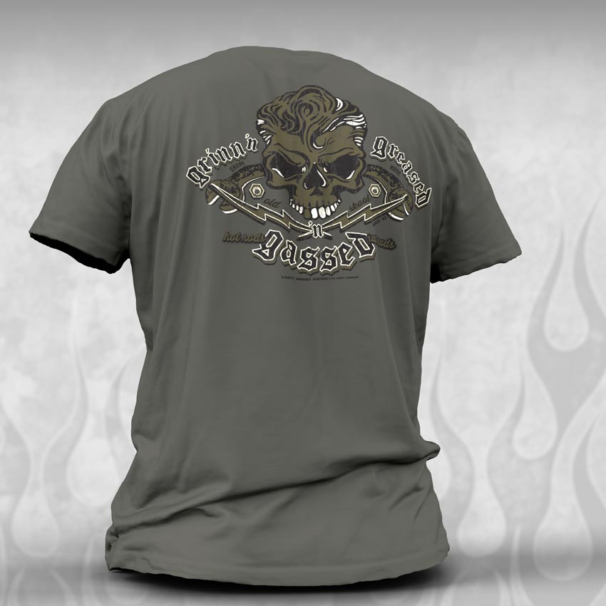 Rockabilly Skull & Wrenches t shirt - Kustom design - Dirty Monkey Kustoms CDN GearHead Apparel - Canada