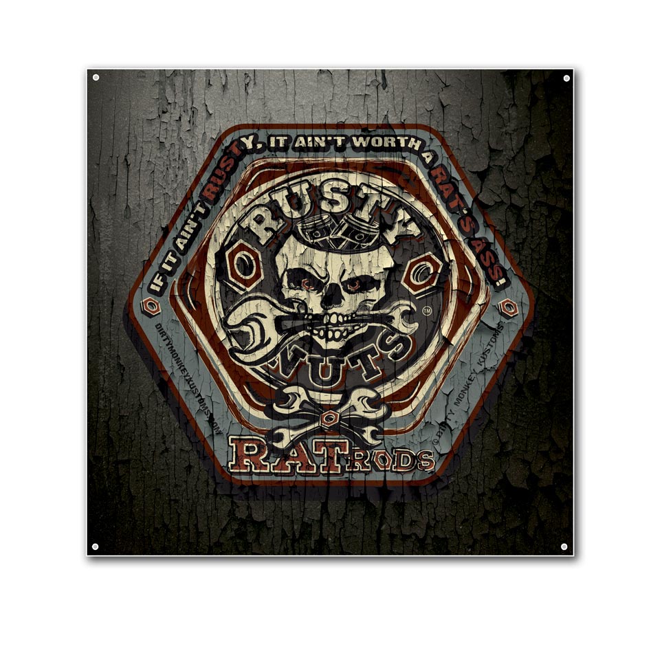 "RUSTY NUTS RAT RODS" garage sign print - Dirty Monkey Kustoms Canadian GearHead Shirts & Apparel - Canada