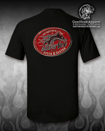 "Silver Fox" hot rod t shirt. Black / Vintage Red - Dirty Monkey Kustoms CDN GearHead Apparel - Canada