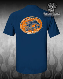 "Silver Fox" Speed & Custom t shirt. Blue / Retro Orange - Dirty Monkey Kustoms CDN GearHead Apparel - Canada