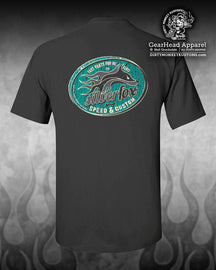 "Silver Fox Speed & Custom" t shirt. Charcoal / Retro Teal - Dirty Monkey Kustoms CDN GearHead Apparel - Canada
