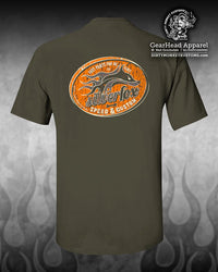 "Silver Fox" Speed & Custom t shirt. Sand / Retro Orange - Dirty Monkey Kustoms CDN GearHead Apparel - Canada